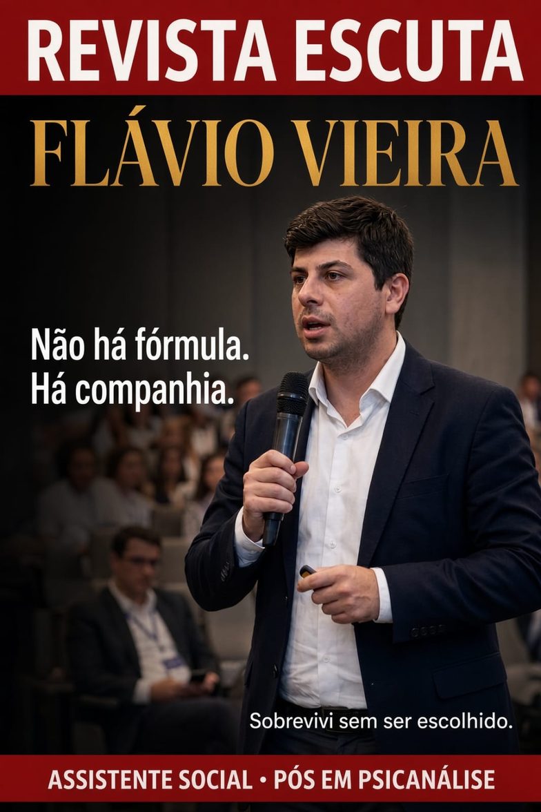 Capa da Revista Escuta nº 01: Flávio Vieira fala ao microfone diante da plateia; na arte, a frase “Não há fórmula. Há companhia.”