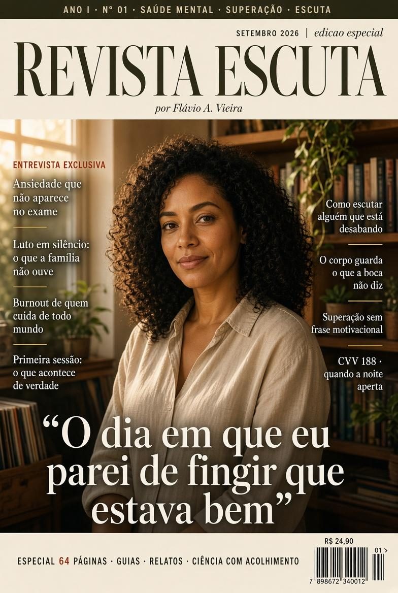 Capa da Revista Escuta, Ano I, nº 01, setembro de 2026, edição especial. Manchete: “O dia em que eu parei de fingir que estava bem”.
