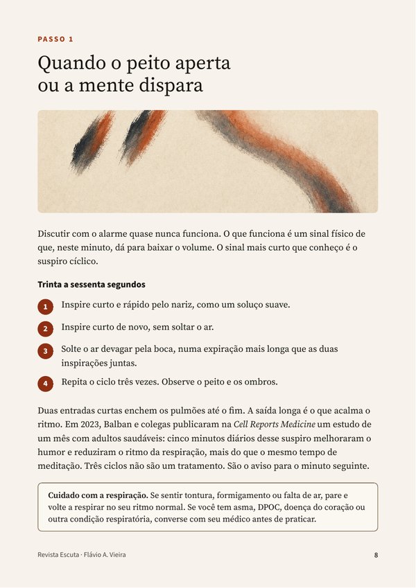 Página do Passo 1 do e-book, Quando o peito aperta ou a mente dispara, com uma ilustração de pena e o passo a passo do suspiro.