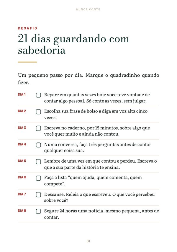Página do desafio de 21 dias do e-book Nunca conte, com um passo pequeno para cada dia.