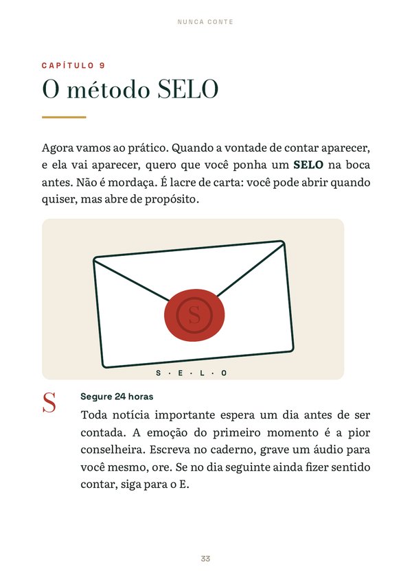 Página do capítulo 9 do e-book Nunca conte, que apresenta o método SELO.