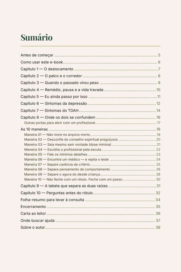 Página do sumário do e-book Tenho depressão ou TDAH?, com os capítulos, as 10 maneiras, a folha-resumo, a carta ao leitor e a página de ajuda.