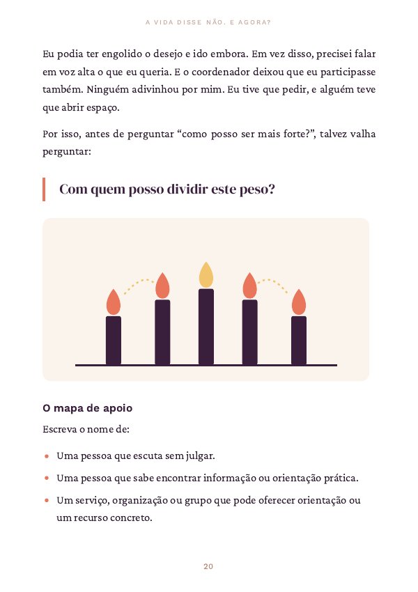 Página do e-book A vida disse não. E agora? com o mapa de apoio, para escrever o nome de quem pode ajudar.