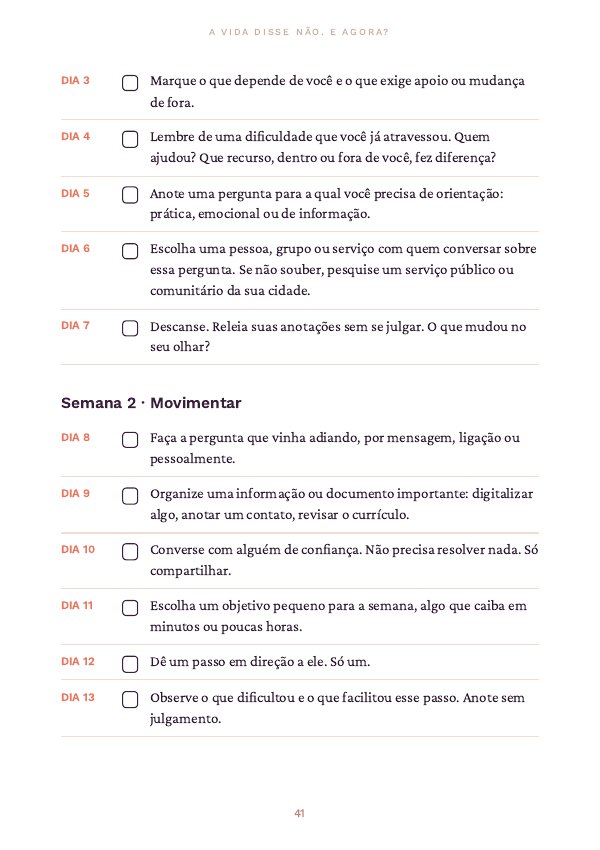 Página do plano de 21 dias do e-book A vida disse não. E agora?, com os passos de cada dia.