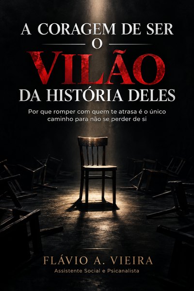 Capa do e-book A coragem de ser o vilão da história deles, de Flávio A. Vieira: uma cadeira iluminada no centro, cercada de cadeiras caídas.