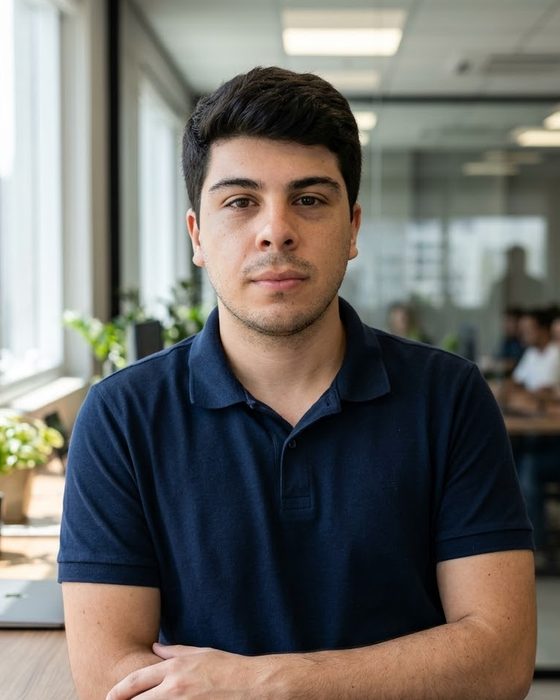 Flávio A. Vieira, de camisa polo azul-marinho e braços cruzados, em um escritório claro.