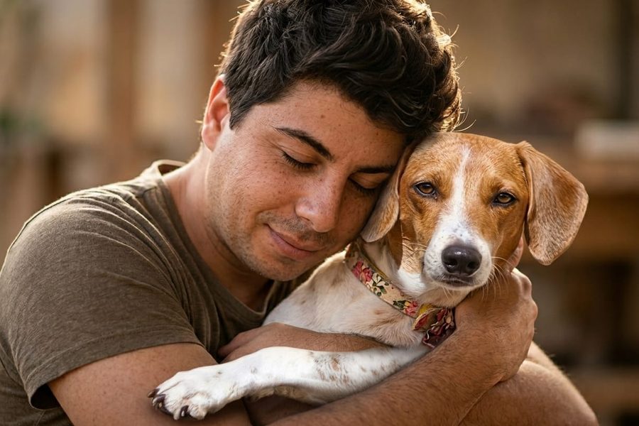 Flávio Vieira, de olhos fechados, abraça com carinho um cachorro de pelo branco e caramelo.