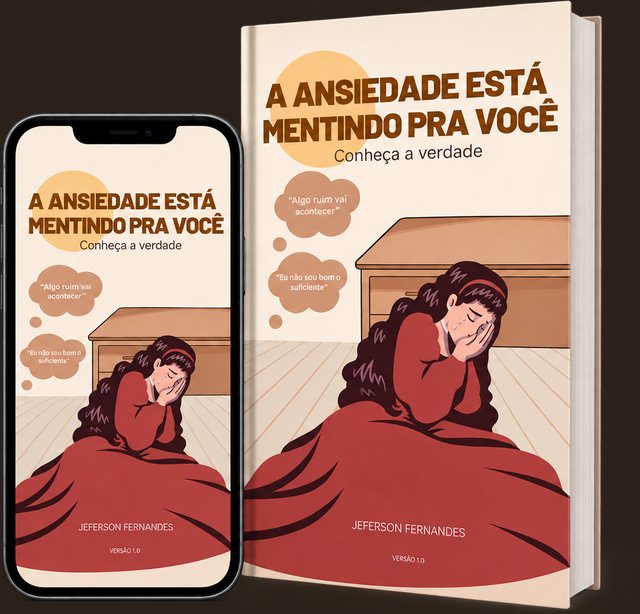 Capa oficial do e-book A ansiedade está mentindo pra você, de Jeferson Fernandes, em mockup de livro e celular.